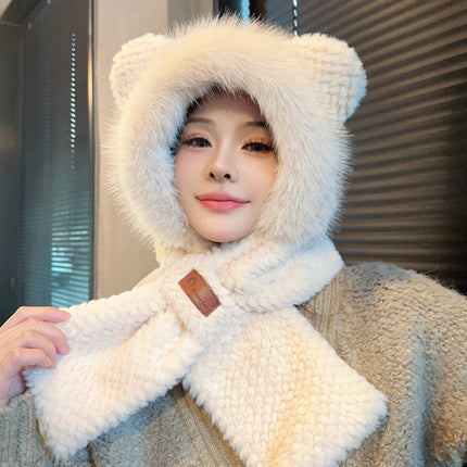 Cute Bear Plush Hat and Scarf Set for Women, Autumn and Winter Thickened Warm Cycling Cold-Proof Ear Protection Lei Feng Hat