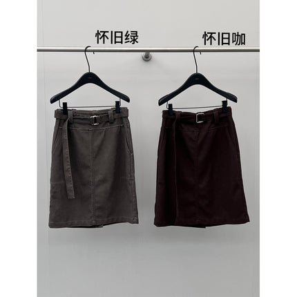 Neihe Vintage Straight Mid-Length Leather Skirt for Women, Autumn New Style Skirt Cm255073