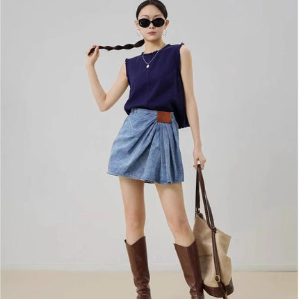25 Spring and Summer New Pleated Leather Brand Denim Skirt Can Be Salty or Sweet, Age-Reducing, Fashionable, Versatile, Slimming and High-Waisted