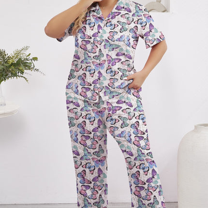 Cross-border Foreign Trade Wholesale plus size Pajamas Women's Spring and Autumn Short-sleeved Trousers Loose Butterfly Printed Home Clothes suit