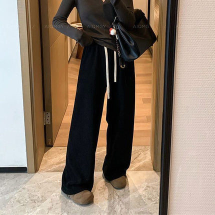 Gray Casual Towel Pants 2025 New Autumn and Winter Women's Velvet Thickeneded Drawstring Lazy and Relaxed Loose Wide-Leg Pants