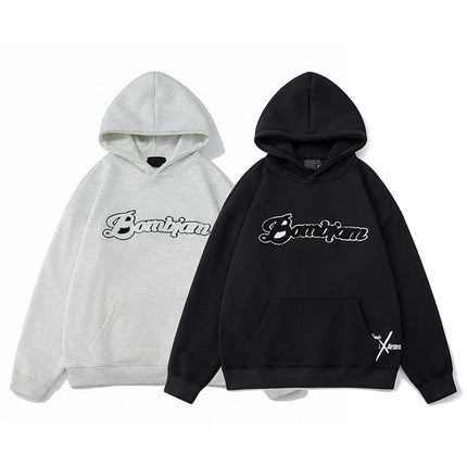 Amazon American-Style Heavyweight Fleece-Lined Hooded Sweatshirt with Towel Embroidery for Men, Winter Trendy High Street Couple's Jacket