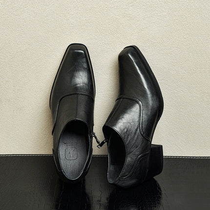 One-piece delivery original 5cm high heel square toe leather shoes men's first layer cowhide hand grip pattern formal wear height increasing Derby shoes