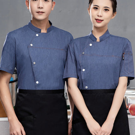 High-End Blue Chef Work Clothes Men's Short-Sleeved Summer Hotel Chef Clothing Women's Breathable Mesh Catering Kitchen Long-Sleeved