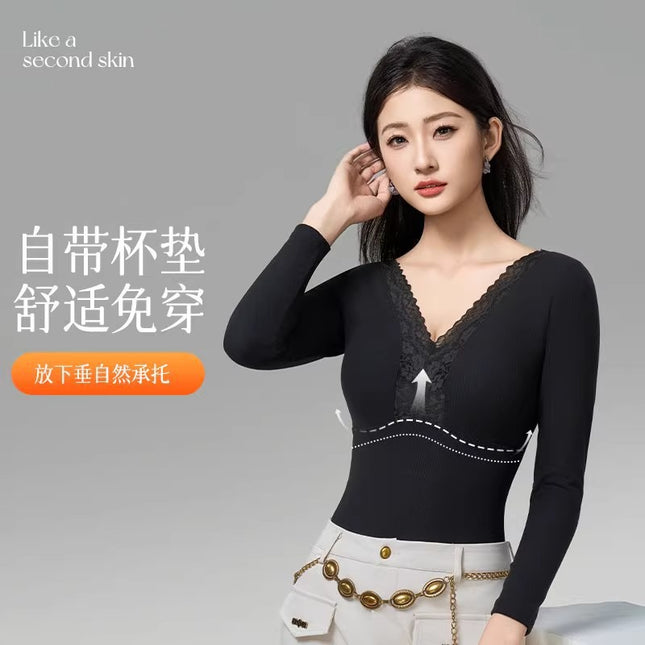 Autumn and Winter Light Cloud-Like Warm Top with Chest Pad V Neck Long-Sleeved Slimming Body Sexy Seamless Comfortable Base Layer