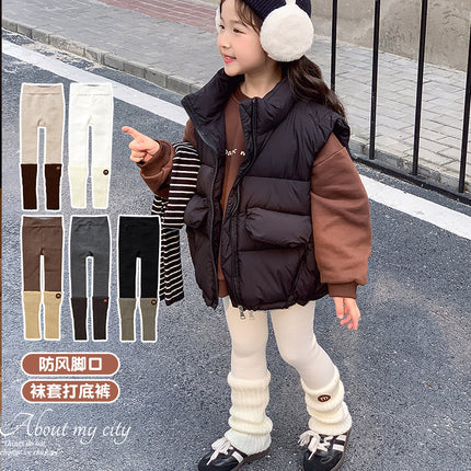 Girls New Winter Lamb Velvet Windproof Foot Dark Striped Socks Round Letter Embroidered M Stereo Leggings