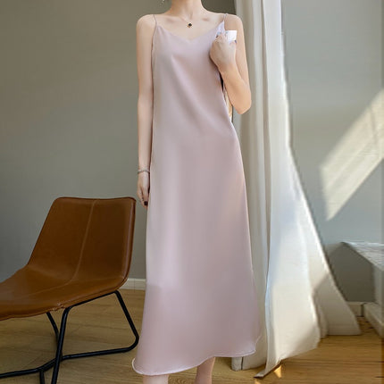 Simulated Silk Satin Suspender Dress for Women in Spring and Summer with Suit Acetate French Mid-length Design Niche Trend