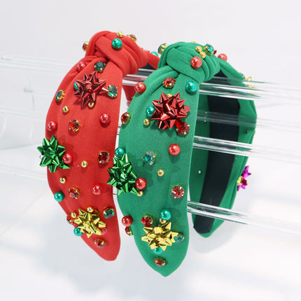 Cross-border 2024 Christmas New Style Beaded Nail Drill Knot Head Hoop Rhinestone Fabric Hair Hoop Wide Edge Hair Accessories