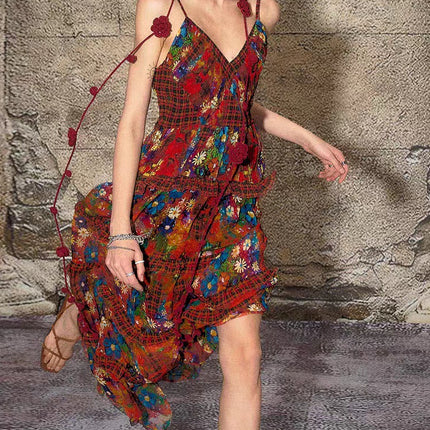 TheNeverMo Fireworks Burning Spring French Retro V-neck Strap Floral Long Dress for Holiday dress Summer