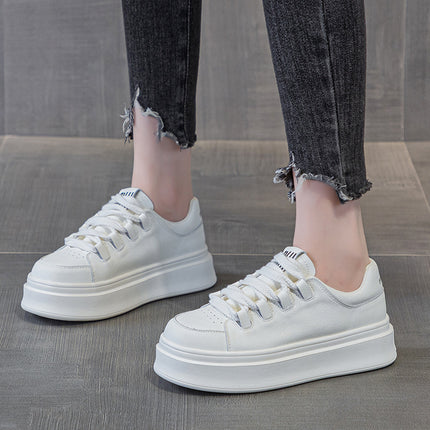 Genuine Leather Thick-Soled White Sneakers for Women, 2025 Autumn Breathable Sports Casual Shoes, Fashionable Platform Shoes, Height-Increasing Sneakers, Comfortable