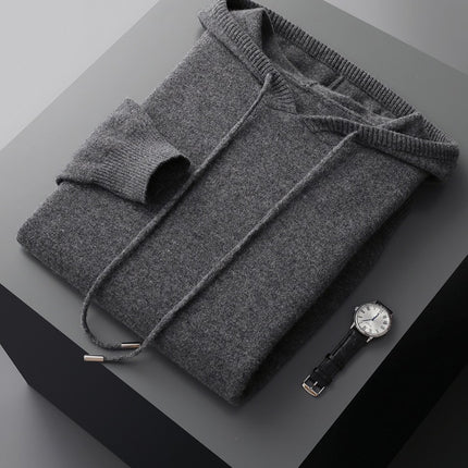 100 Pure Wool Sweater Men's Hoodie with Pocket Solid Color Loose Knitted Sweater Long Sleeve Hooded Sweater New Base Sweater