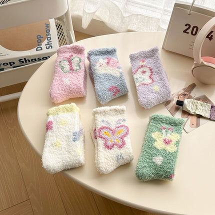 Autumn and Winter Coral Fleece Socks Women's Hair-free Flower Butterfly Floor Socks Thickened Warm Home Sleep Socks