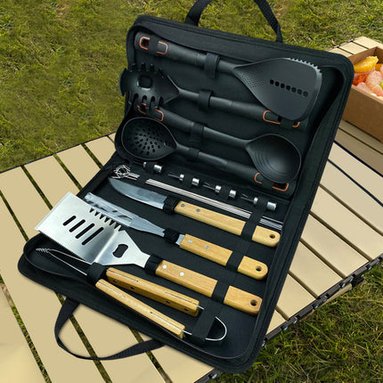 Outdoor camping stainless steel barbecue tools knife and fork suit nylon kitchenware spoon shovel cloth gift box wholesale