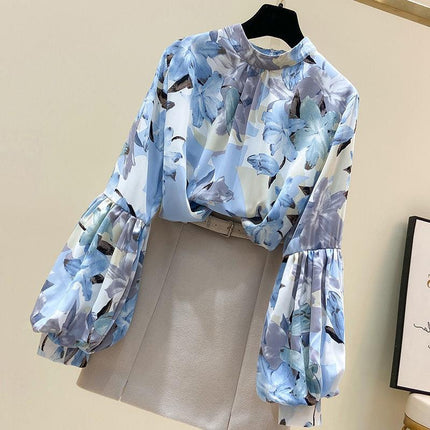 Spring New Fashion Floral Silk Shirt Women's Design Sense Niche Chiffon Lantern Sleeve Shirt Lace Shirt, Snow