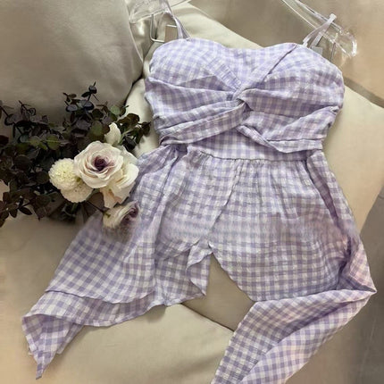 Celebrity Style Irregular Plaid Suspender Top with Bow, Mid-Length Outer Wear and Versatile Tube Top