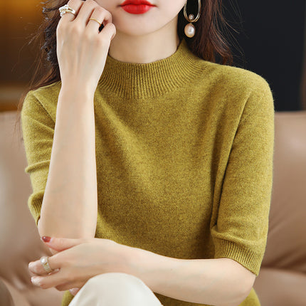 Spring and Autumn New Style Half Turtleneck Mid-Sleeve Bottoming Shirt Thin Knitwear Women's Loose Knitted Knitwear Short-Sleeved Three-Quarter Sleeve Top