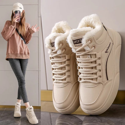 2024 Winter High-top fleece-lined White Shoes New Korean-style ins Female Student Mid-top Flat Sports Casual Board Shoes