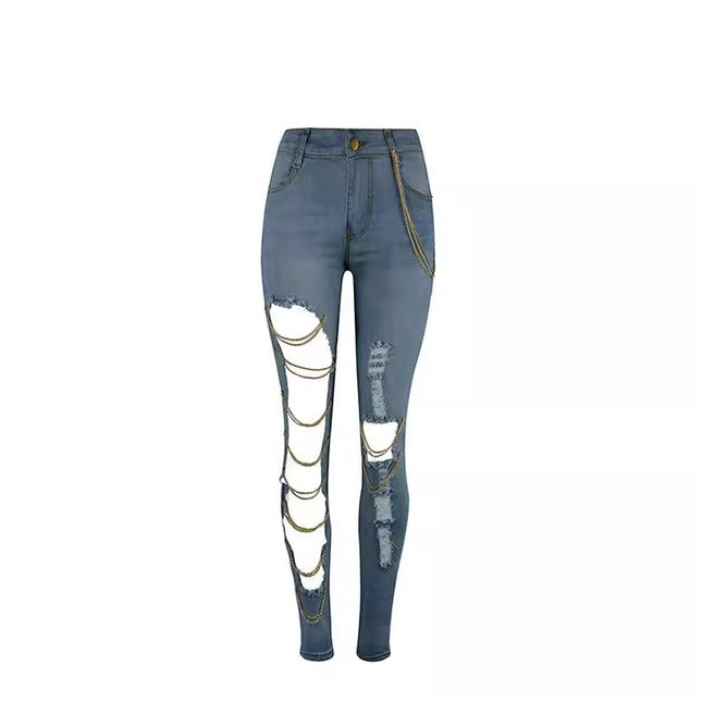 Special AliExpress Amazon Europe and America Exaggerated Big Ripped Jeans Women's Chain Hanging Ornaments Stretch Cotton Leg Pants
