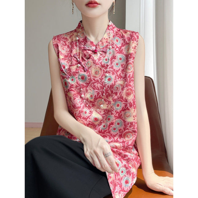 New Chinese Style Satin Stand Collar Sleeveless Vest for Women 2025 Summer New Style Buckle Printed Loose Top