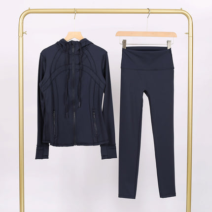 Lulu Df Stamped Hooded Jacket and Cropped Pants Set, Tight-Fitting Stretch Jacket with Gold Zipper, Fitness Yoga Outfit