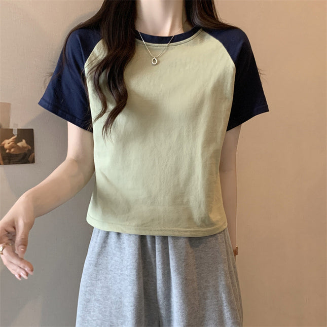 Summer Niche Design Color-Blocking Spicy Girl Short Top for Women, Korean Style High-Waisted Crop Top, Slimming Short-Sleeve T-Shirt