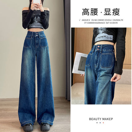 Two Buckle Wide Leg Jeans 2025 Maillard Stretch Loose Mop Pants Pocket Design All-match Women's Wear