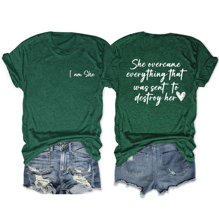 Amazon double-sided printed summer round neck short sleeve she overcame everthing loose all-match T-shirt