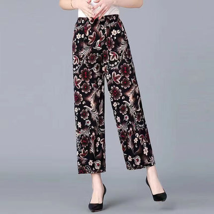 Foreign Trade Plus Size Middle-aged and Elderly Summer Thin Breathable Nine-point Flower Pants Mom Pants Ice Silk Loose Straight Pants