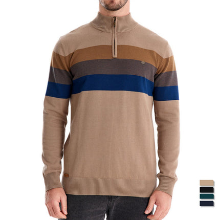 Fashionable Cross-Border Autumn and Winter Men's Half-Zip Sweater, Striped Patchwork Knitwear in Khaki Green