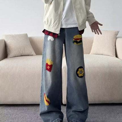 American Retro Niche Creative Burger Fries Towel Embroidered Jeans Men's Street Fashion Brand Loose Casual Long Pants