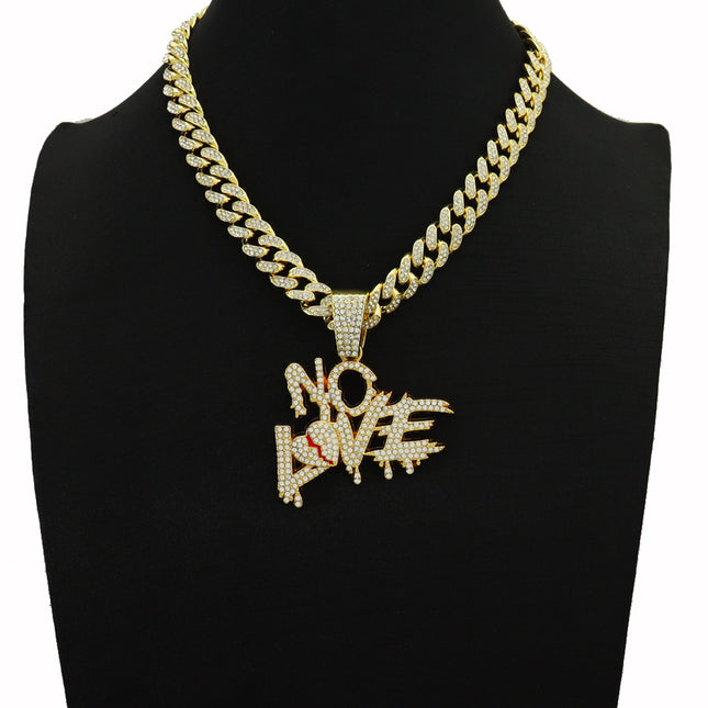 European and American hip-hop style full diamond stitching letter love pendant clavicle chain heartbroken letter NOLOVE Cuban tide necklace