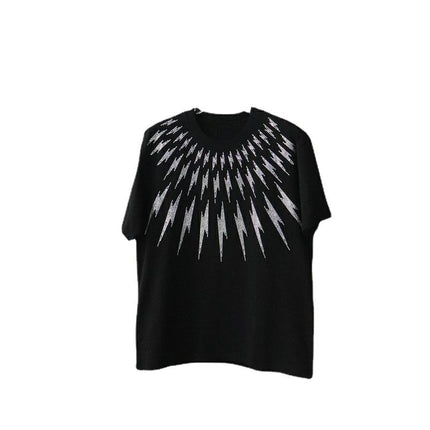 23 Large Edition Heavy-Duty Rhinestone Front and Back Lightning Design Unisex Loose Short-Sleeve T-Shirt Plus Size for Big and Tall Versatile Pure Cotton