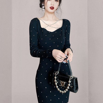 Cross-border 2022 Fashion New Style Celebrity Elegant Square Collar Diamond Ornaments Chain Slim-fit Slimming Nail Drill Long-sleeved Dress for Women