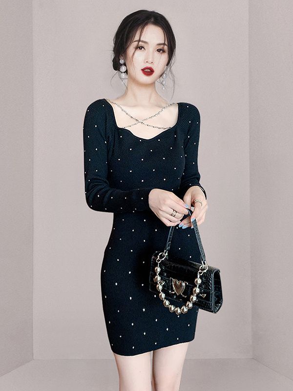 Cross-border 2022 Fashion New Style Celebrity Elegant Square Collar Diamond Ornaments Chain Slim-fit Slimming Nail Drill Long-sleeved Dress for Women