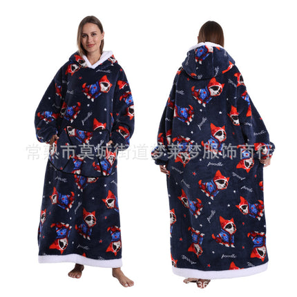 Amazon Autumn and Winter Europe and the United States New Lazy Men's and Women's Bathrobe Hoodies Printed Thickened Long Nightgown Coral Fleece