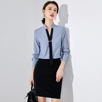 Spring and Autumn fashion long-sleeved shirt V-neck color matching shirt elegant goddess style front desk work clothes suit skirt sales women's suit