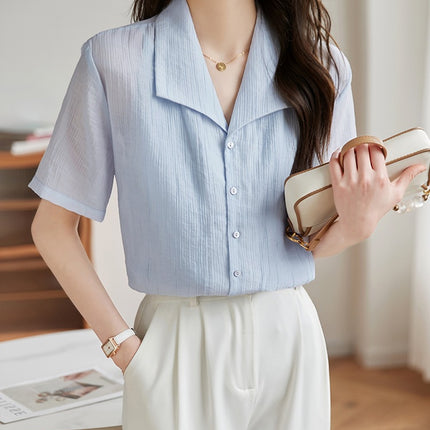 Light Blue Sky Silk Short Sleeve Shirt Women's Texture Pattern 2025 Summer New Loose Casual Top