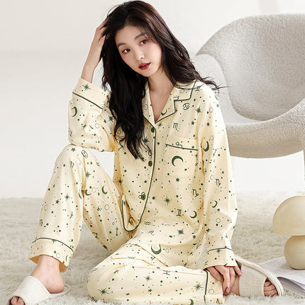 Pure Cotton Pajamas Women's Spring and Autumn Women's Casual Long-sleeved Trousers Home Clothes Women's Autumn Lapel Home suit Green