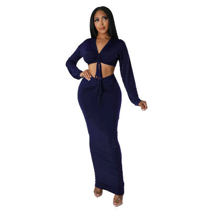 9966 cross-border Europe and the United States Amazon hooded crop top sexy high waist step skirt two-piece set