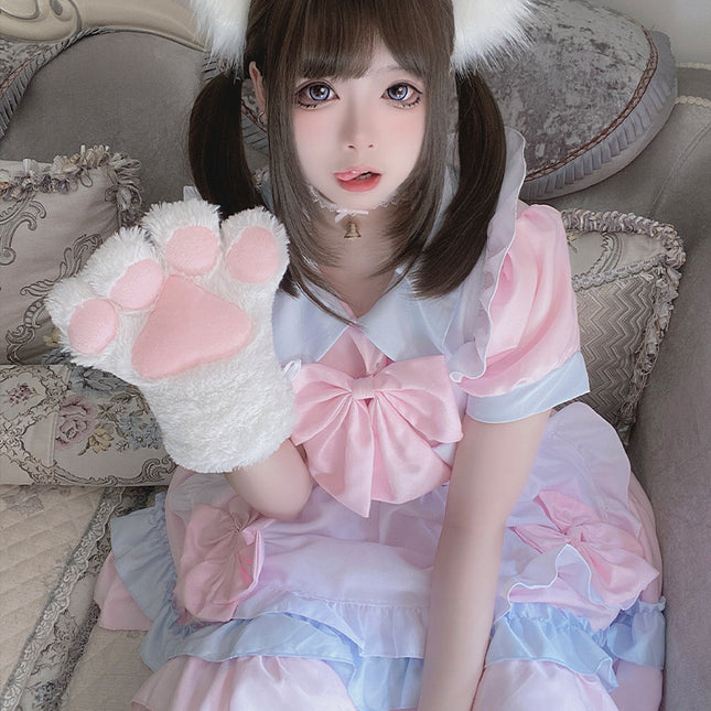 Japanese Lolita Maid Cosplay Pink Loli Maid Uniform Bow Short-Sleeve Dress