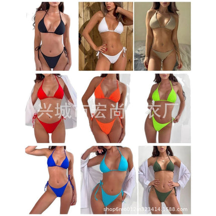 2025 Advanced Multicolor Bikini Foreign Trade Swimwear European and American in stock Solid Color Bikini Triangle Swimsuit Russia