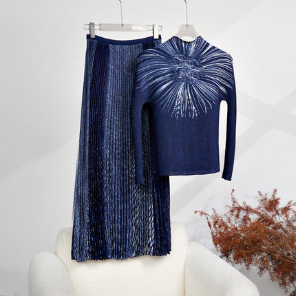 Fashionable Long-Sleeved T-Shirt Tops Women's Skirt Two-Piece Set New Casual Denim Skirt Suit Women's Complete Set
