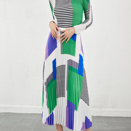Cross-Border Women's Clothing Set, Women's Autumn Fashion Two-Piece Set, High-Neck Printed Slim-Fit Long-Sleeve T-Shirt and Skirt Two-Piece Set