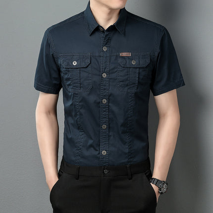 Summer Youth Men's American Style Outdoor Tooling Short-sleeved Shirt Men's Middle-aged plus size Multi-pocket Lag Tooling POLO