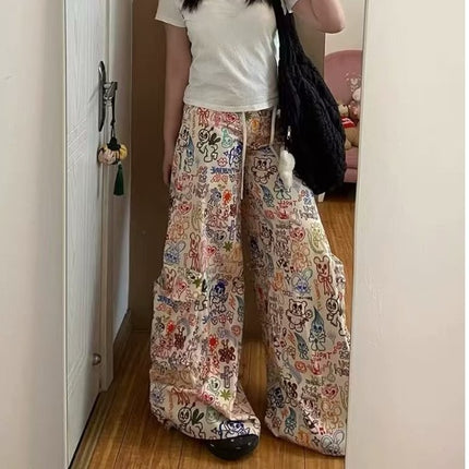 American Graffiti Print Casual Pants Autumn New Design High-Waisted Fashion Workwear Drape Floor-Length Pants for Women