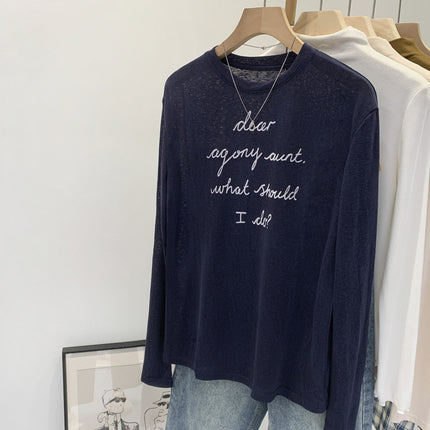 Summer Ootd Lyocell Tencel Fashion Letter Print Mint Green Long-Sleeved T-Shirt for Women 2025 New Style Right Shoulder