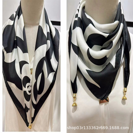 2024 New Magnetic Buckle Silks and Satins Square Scarf Women's Spring and Autum Scarf High-end Decorative Triangle Scarf Neck Protector