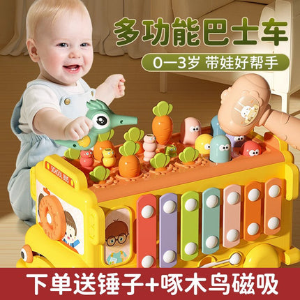 Infant early education puzzle multi-functional mole-beating and radish-pulling game six-sided bus knocking piano for 1-3 years old baby