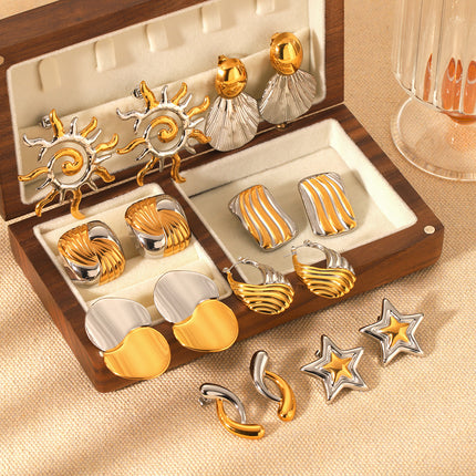 European and American design sense stainless steel earrings gold and silver color matching smooth geometric texture earrings sun five-pointed star earrings for women