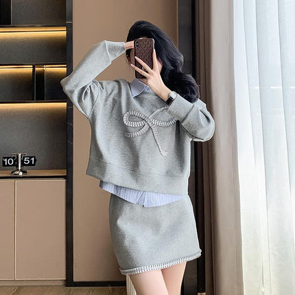 Real Shot Lazy Style Loose Sweater Spring and Autumn Inner Shirt Design Sense Short Top Small Half Skirt Three-Piece Set
